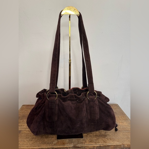 70's Retro Red Bohemian Style Suede Patchwork Leather Satchel Hobo Shoulder Bag - Picture 8 of 9